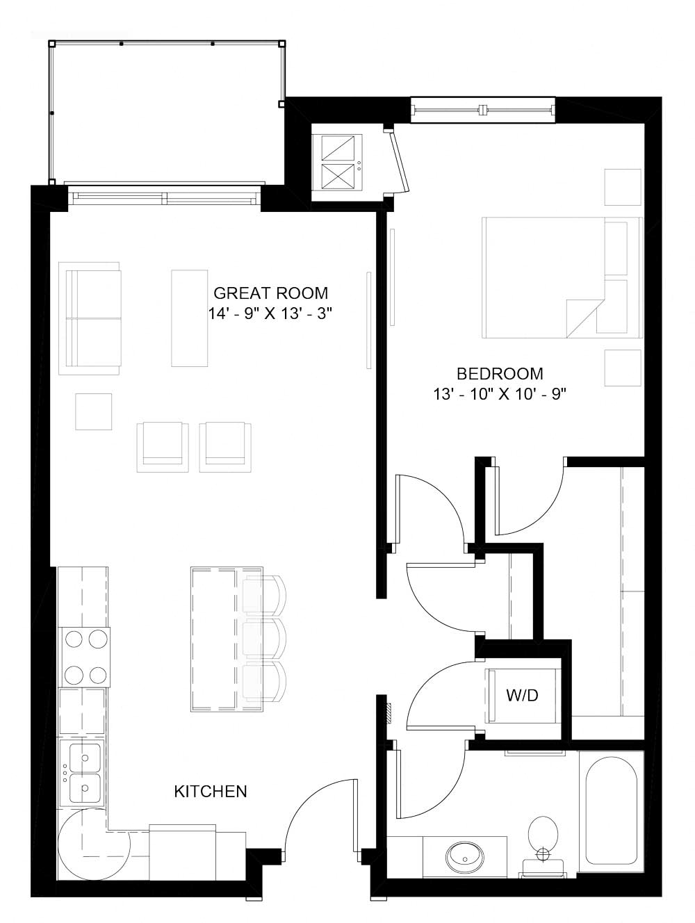Floor plan for 1 bed, 1 bath, 798 sqft